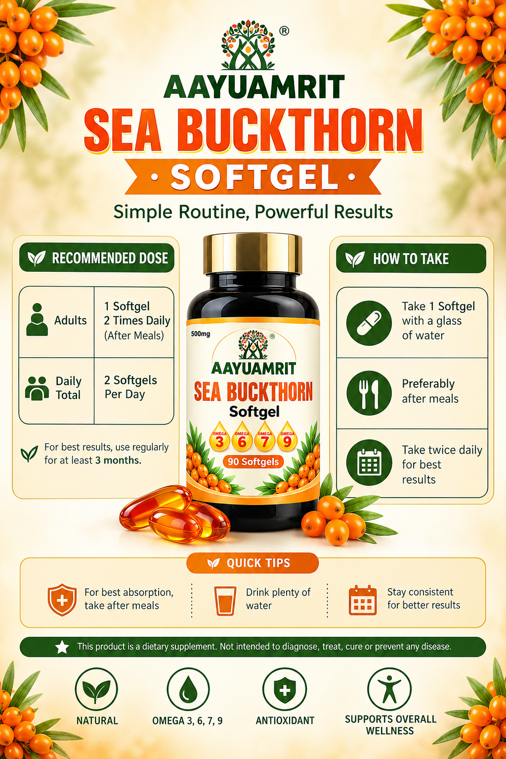 Aayuamrit Sea Buckthorn Oil Capsules 500mg – 90 Softgels - Image 3