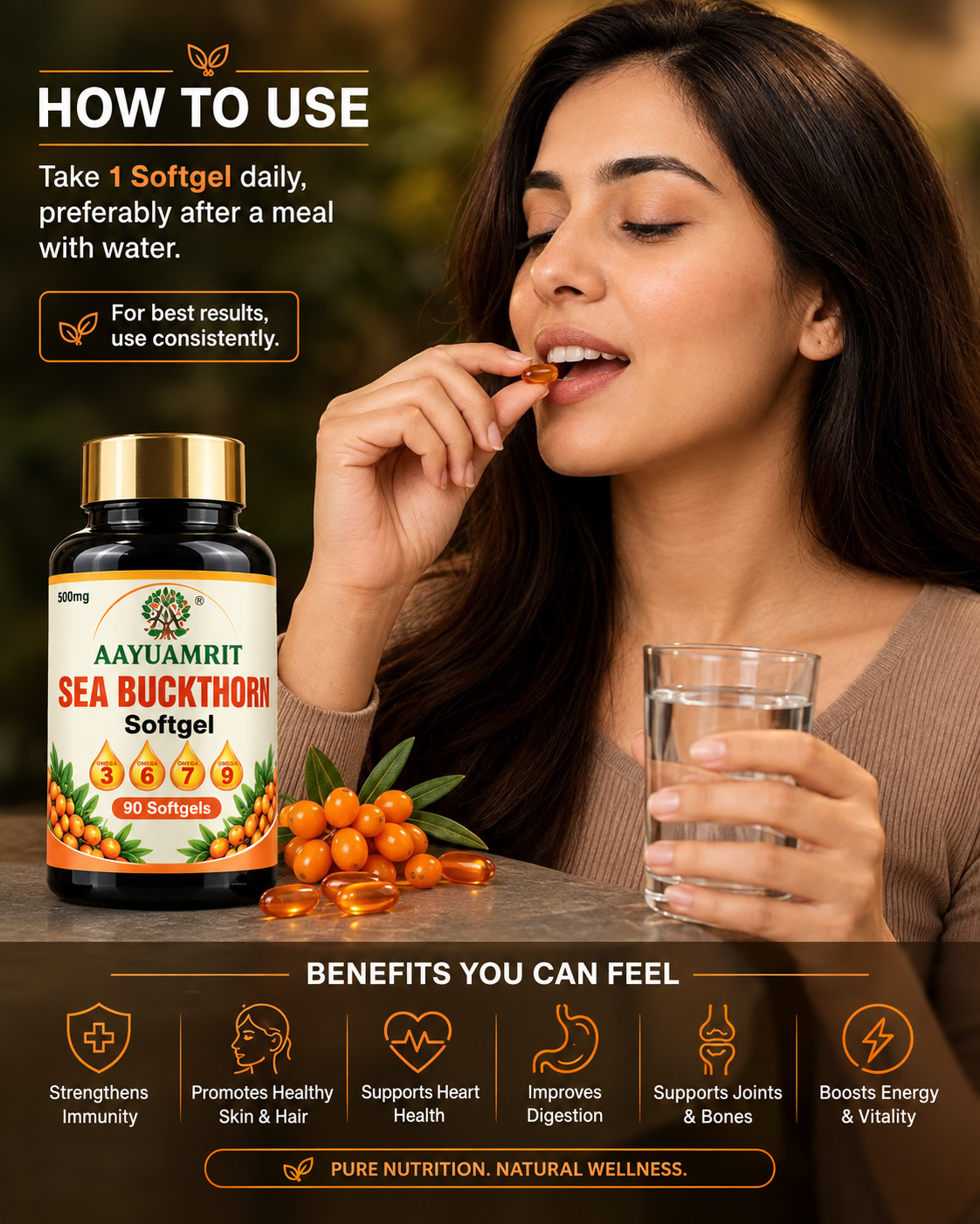 Aayuamrit Sea Buckthorn Oil Capsules 500mg – 90 Softgels - Image 4