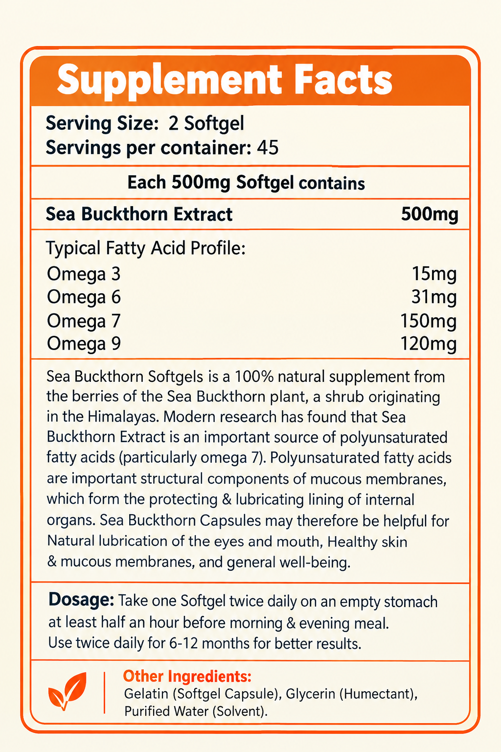 Aayuamrit Sea Buckthorn Oil Capsules 500mg – 90 Softgels - Image 2