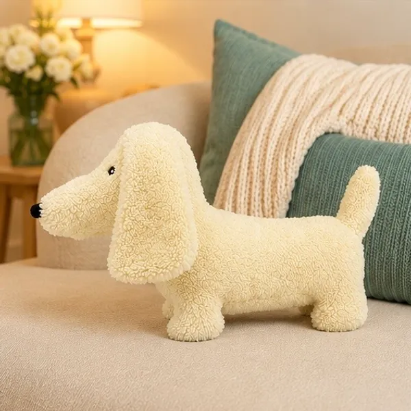 Cream Sherpa Dachshund Dog Plush Toy For Kids - Image 2